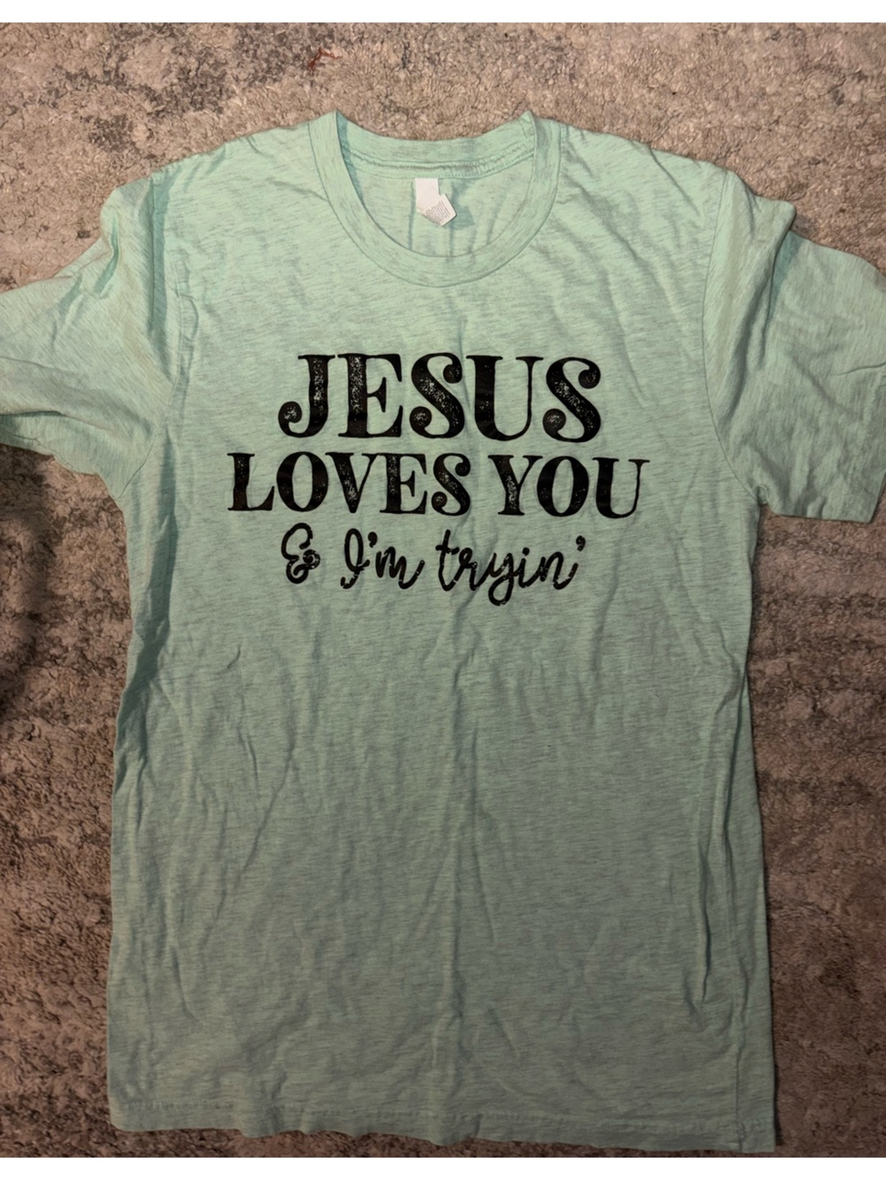 3/$15! Women’s MED Bella Canvas Soft Mint Green Tee Jesus Loves You & I’m Trying